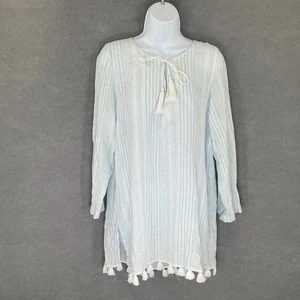 C&C California Blue White Striped Tassel Cover Up Tunic Top Size M Linen Cruise - Picture 1 of 10