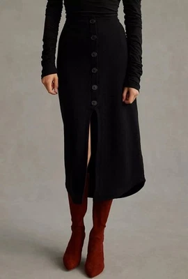 Maeve by Anthropologie midi skirt Womens XL black Stretch Knit front slit Button - Image 1 of 4