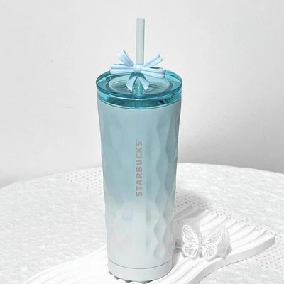 Nuevo 2024 China Starbucks Azul Hielo Bowknot Gradual 12oz SS Taza de Paja Foto 1 de 4