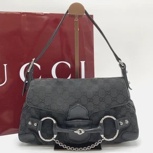 Bolso de Hombro GUCCI GG Lona Cuero Mordida de Caballo Cadena Negra Estilo Hobo USADO 514I - Imagen 1 de 18