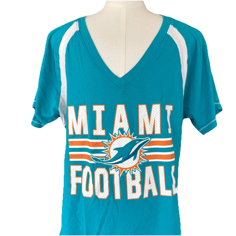 Majestic женщин L футболка Miami Dolphins NFL команды логотип v-образным вырезом Aqua белый Miami - Изображение 1 из 4