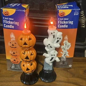 Set Of 2 Vintage Blow Mold Halloween Plug In Flickering Candles Pumpkin & Ghost - Picture 1 of 8