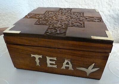 Tee-TEA- Holz-Kiste-Schatulle Kunsthandwerk, Geschnitzt, Messing-Einlegearbeit   • 14.50€