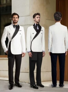 Double Breasted Black Collar Wedding Tuxedo Blazer Men's Suit Fashion Style - Picture 1 of 21