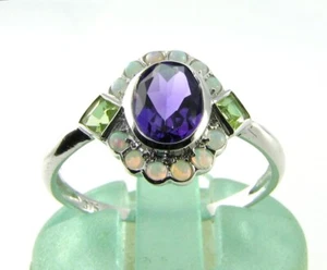 SUFFRAGETTE 9CT 9K WHITE GOLD AMETHYST PERIDOT OPAL ART DECO INS CLUSTER RING - Picture 1 of 6