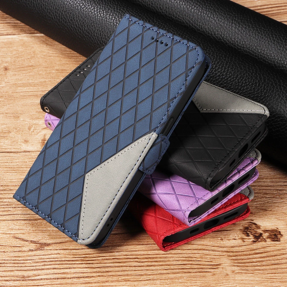 Funda tipo billetera de cuero con rejilla de empalme para teléfono Huawei P20 P30 P smart Z Nova 5T9 Foto 1 de 4