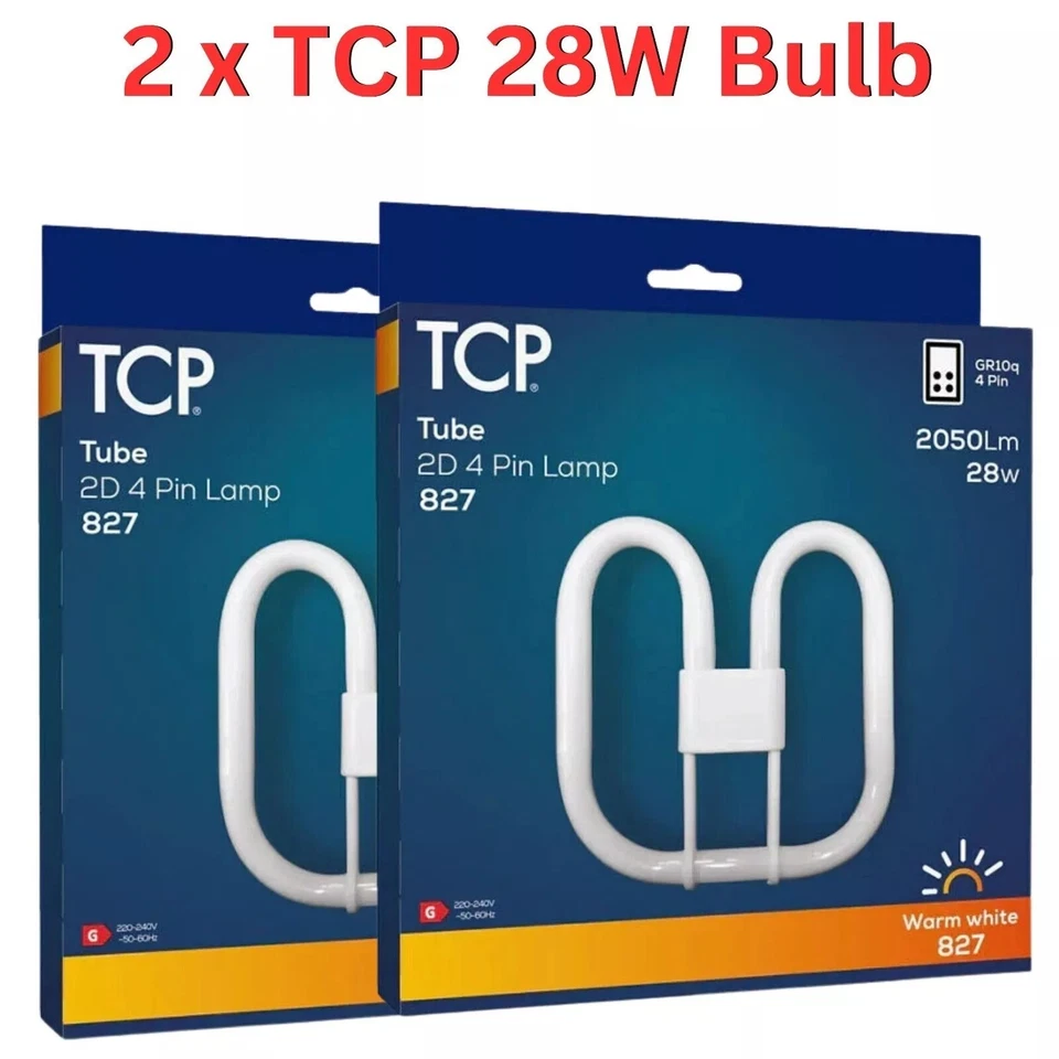 2 X  TCP 2D 4 PIN 28W COMPACT FLUORESCENT LAMP / BULB, CFL 2050 LUMEN WARM WHITE - Image 1 of 3
