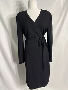 Vestido ST. JOHN Tejido Santana Manga Larga Corbata Cintura Envolvente Talla 10 Negro Hasta la Rodilla - Imagen 1 de 16