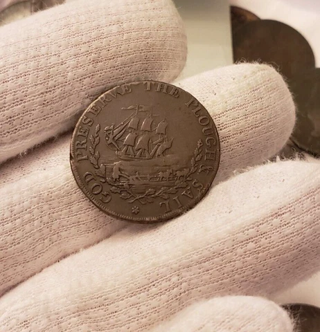 1790's Half Penny Ship At Sea Preserve The Plow Conder Token Colonial Coin Cover