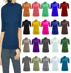 Women Ladies Short Sleeve Turtle Polo Roll Neck Plain Stretch T-Shirt Top Jumper - Picture 1 of 22