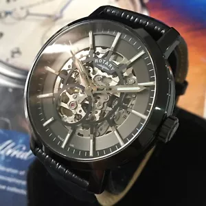 Rotary Watch Mens Automatic Black Ion Steel Sapphire Glass Leather 42mm Case - Picture 1 of 9