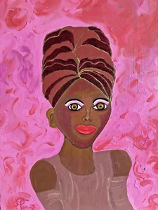 Original Authentic Painting African Black Woman Dhuku Headdress Turban Kwanzaa - Picture 1 of 6