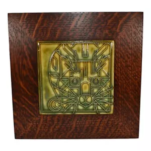 Motawi Tileworks Art Pottery Yellow And Green Geometric Cat Ceramic Framed Tile - Picture 1 of 6