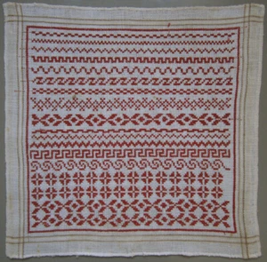 C. 1900 VINTAGE DUTCH RED BAND SAMPLER BORDERS REDWORK CROSS STITCH NEEDLEWORK - Picture 1 of 3