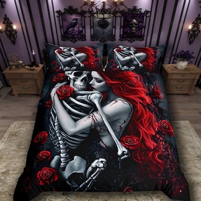 Juego de cama gótico rosa roja juego de edredón, estilo arte calavera gótica microfibra suave... Foto 1 de 4