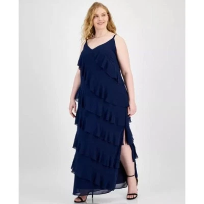 B. Darlin Women's V-Neck Sleeveless Ruffle-Trim Gown Navy Plus Size 16W NWT - Image 1 of 4
