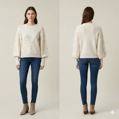 Suéter tejido con cable palomitas crema cachemir otoño para mujer talla pequeña Foto 1 de 4