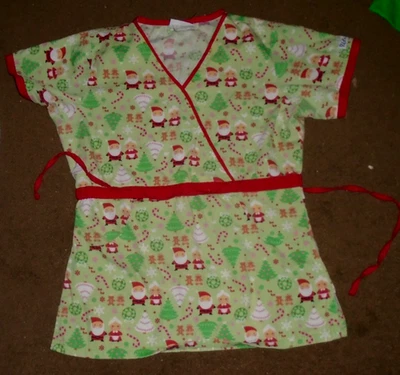 Christmas Scrub Uniform Top Ladies S Small Santa Mrs Claus Candy Canes & more - Image 1 of 2