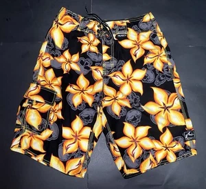 RUSTY BOARD SHORTS SWIM TRUNKS MENS 30” SKULLS & FLORAL PRINT BLACK/ORANGE/RED - Picture 1 of 8