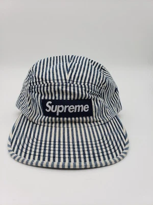 Supreme джинсовой ткани лагерь крышка индиго полоски SS18 подлинный носили один раз - Изображение 1 из 4