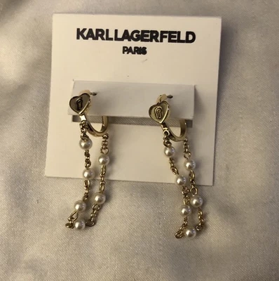 Karl Lagerfeld Paris Gold Tone & Faux Pearl Heart Hoop Chain Drop Earrings NWT - Image 1 of 4