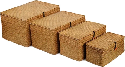 Cestini Portaoggetti in Vimini Con Coperchio, Cestino Rattan Rettangolare, Cesti - Immagine 1 di 4