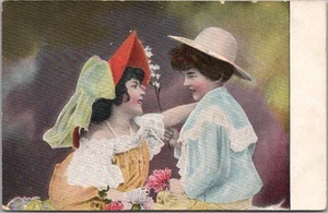 Vintage 1908 European Greetings Postcard Two Young Women / Flowers / FASHION - Picture 1 of 2