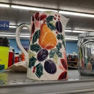 Julie Ueland 2003 Hand Painted Pitcher ~ Poinsettia/Holly/Fruit Design ~ Enesco - Picture 1 of 1