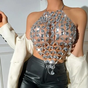 Sexy Rhinestone Halter Neck Tank Top for Women Hand-Sewn Y2K Clubwear - Picture 1 of 15