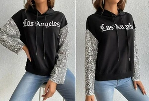 New Black LOS ANGELES Sparkly SEQUIN Sleeves Hoodie Top SIZE M (10-12) - Picture 1 of 5
