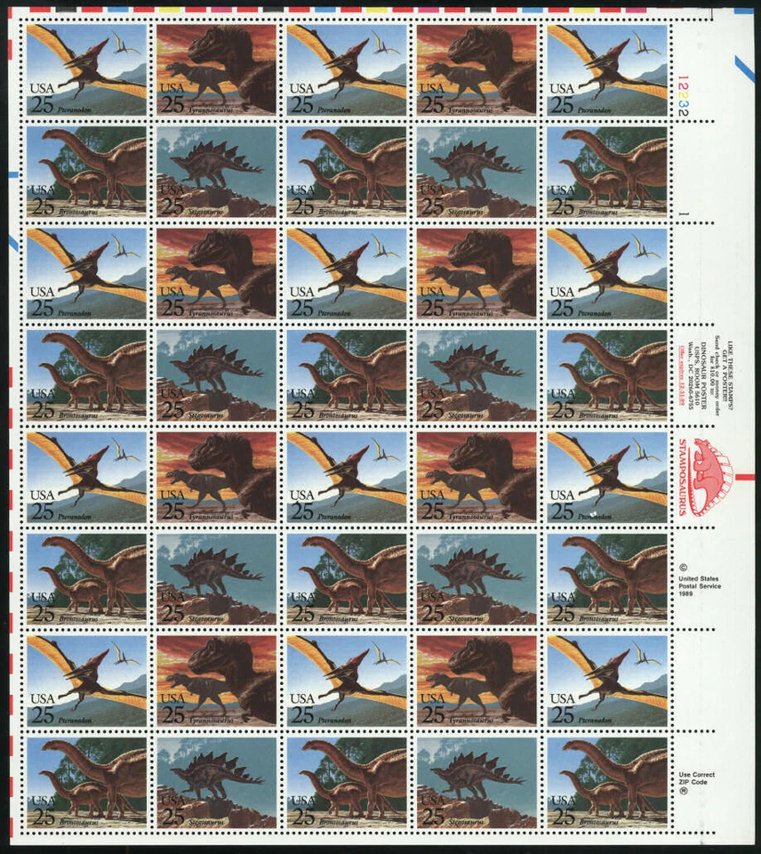 US #2422-2425 2422-5 425b 25¢ Dinosaurs Sheet of 40 VF NH MNH 2 stamps creasing - Image 1 of 1