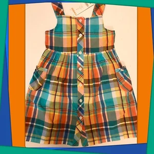 NWT 4 Gymboree “TROPICAL BLOOM” Blue Orange Plaid COTTON Sundress Button DRESS - Picture 1 of 3
