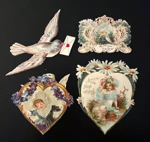 Set of 4 Vintage Victorian Embossed Valentine Die Cuts - Picture 1 of 8