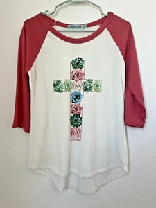 Southern Grace Women's Pink White Graphic Tee Shirt Cross Succulent Girly Small - Picture 1 of 11