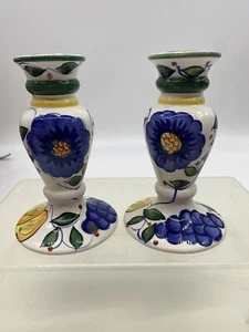 Bella Casa by Ganz Candle Holders 6” Floral Fruit Design Hand Painted Blue White - Picture 1 of 10