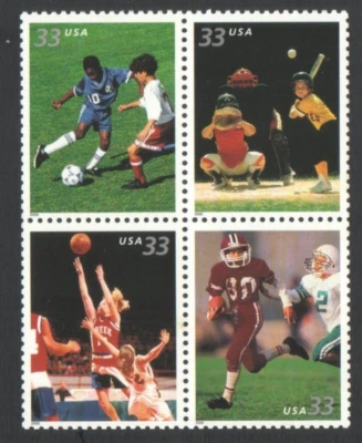 Unused US Postage Block 33 Cent Stamps 2000 Youth Team Sports Soccer Baseball Fo - Image 1 of 2