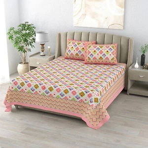 Handmade Cotton Bedsheet Printed with 2 Pillow Covers Double Bed king size - Picture 1 of 5