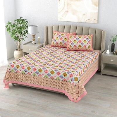 Handmade Cotton Bedsheet Printed with 2 Pillow Covers Double Bed king size - Image 1 of 4