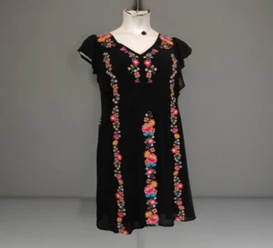 Savanna Jane Mini Dress Size 2X Gauzy Black Embroidered Flowers Ruffled Sleeve - Picture 1 of 14
