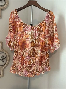Cato 22/24 Sheer Boho Paisley Pullover Blouse Smocked Waist Ruffle Short Sleeve - Picture 1 of 10
