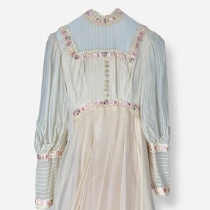 Vestido Vintage Pradera Cuello Alto Boda Novia Rosa Talla 4 Cintas de Tren Floral - Imagen 1 de 11
