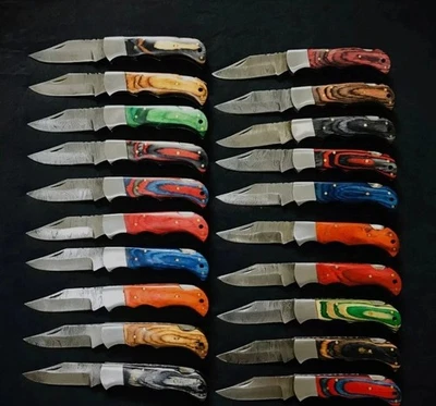 LOTE de 20 piezas Cuchillo Plegable de Acero Damasco, Cuchillos de Bolsillo con Funda de Cuero Foto 1 de 4