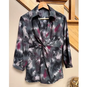 Ivy Chic Women V-Neck Tunic Shirt M/L Ruched Abstract Moody Work Career Dark Art - Picture 1 of 7