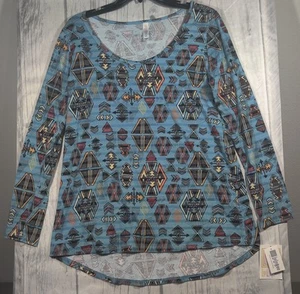 LuLaRoe Lynnae Long Sleeve Top Size Medium Blue Heathered - Mock Aztec Pattern - Picture 1 of 5