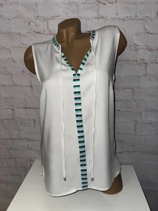 Sandwich Top Tunika weiss mit grün geblockter Borte & Bändern Grösse 38 - Bild 1 von 6