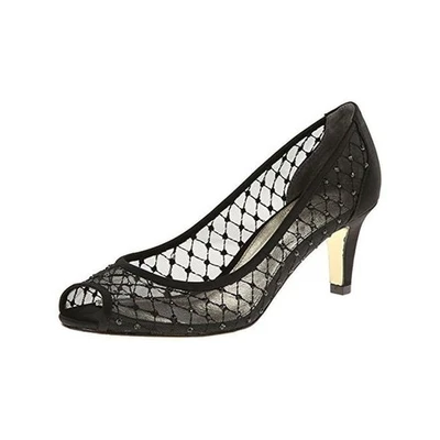Adrianna Papell Jamie Peep Toe Pump Satin Heels Crystals Black 6M Evening Event - Image 1 of 4