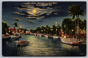 Ft Lauderdale FL-Florida Moonlight On New River Vintage Postcard January 6 1953 - Picture 1 of 2