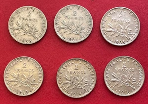 Beau lot de 6 monnaies argent de 2 Francs Semeuse 1898 - 1916. Etat TB/TTB - Picture 1 of 2