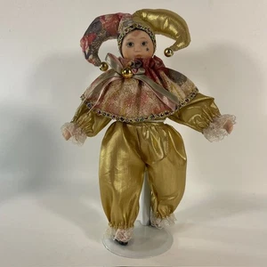 Muñeca de porcelana bufón vintage 9,5" oro arlequín mascarada estrella mejilla posable - Imagen 1 de 9