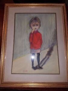 Margaret Keane Big Eyes Style Artist Signed JLW Original Pastel Crying Child